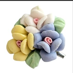 Vintage Bone China Flower Brooch Pin - Yellow, Blue & White Roses